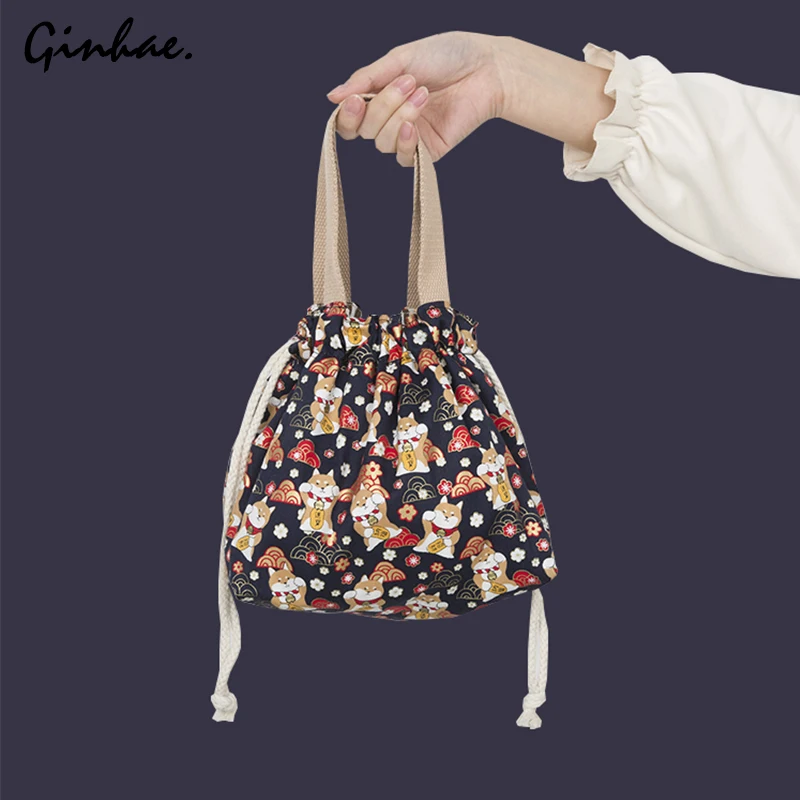 

Japanese Style Lunch Box Bag Funny Cartoon Kids Bento Bags Canvas Drawstring Lunch Bag Breakfast Food Box Portable Picnic Travel