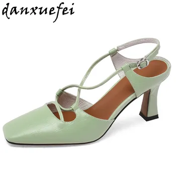 

women's genuine leather thin high heel cross strap elegant ladies summer slingabck sandals square toe evening pumps shoes women