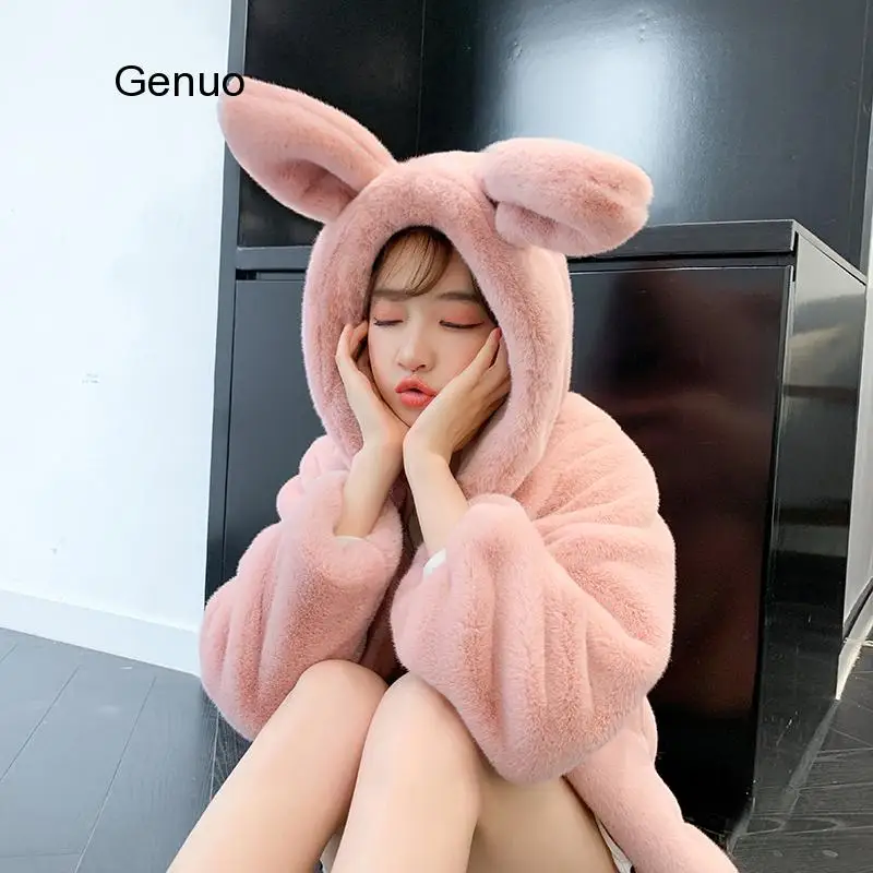 

Cute Hooded Rabbit Ears Plush Plush Thick Rex Rabbit Fur Coat 2020 Autumn Winter New Womens Sweet Style Flurry Overcoat