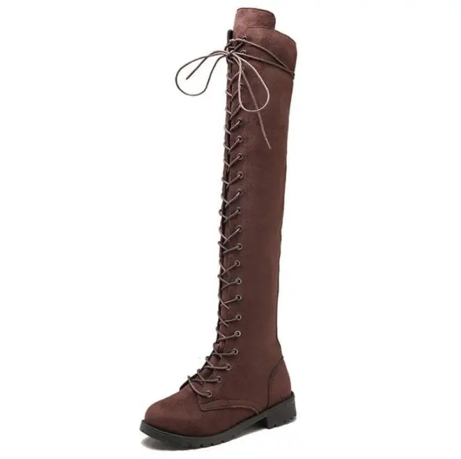 STAN SHARK New Style Women Boots For Autumn Winter Flock Over Knee High Boots Lace Up Fashion Cross Tied Plus Size 35-43 - Цвет: brown
