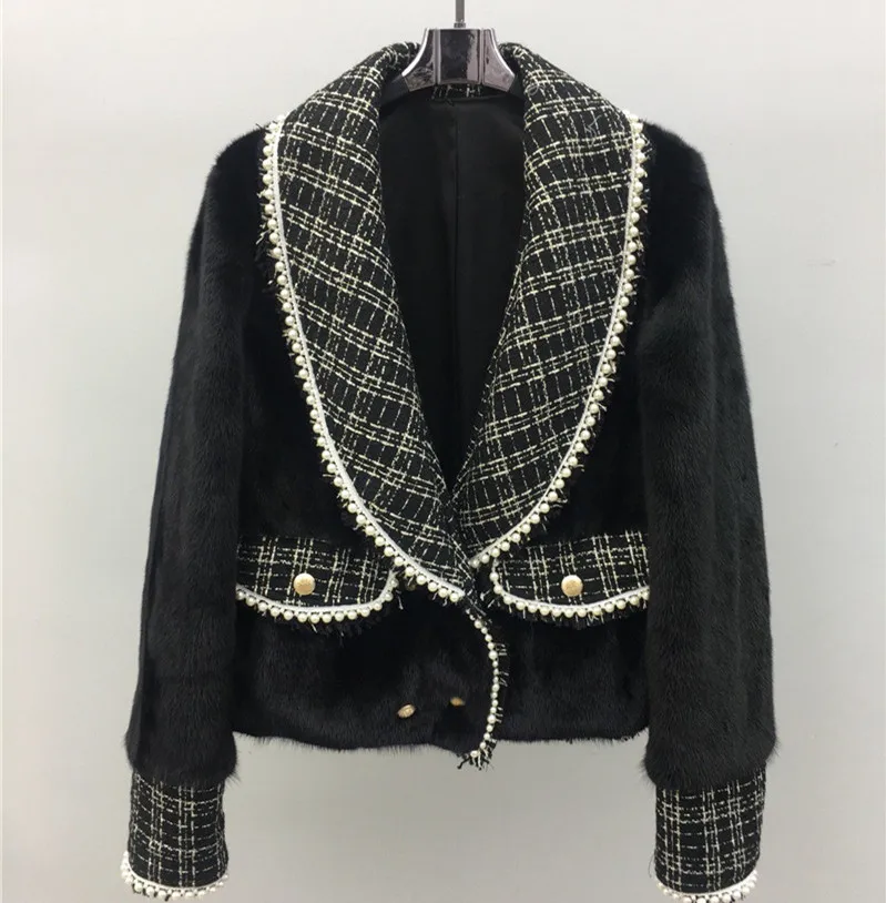 

whole skin short outerwear coats women natural mink fur coat 2020 winter clothing patchwork tweed wool collar mink fur jackets
