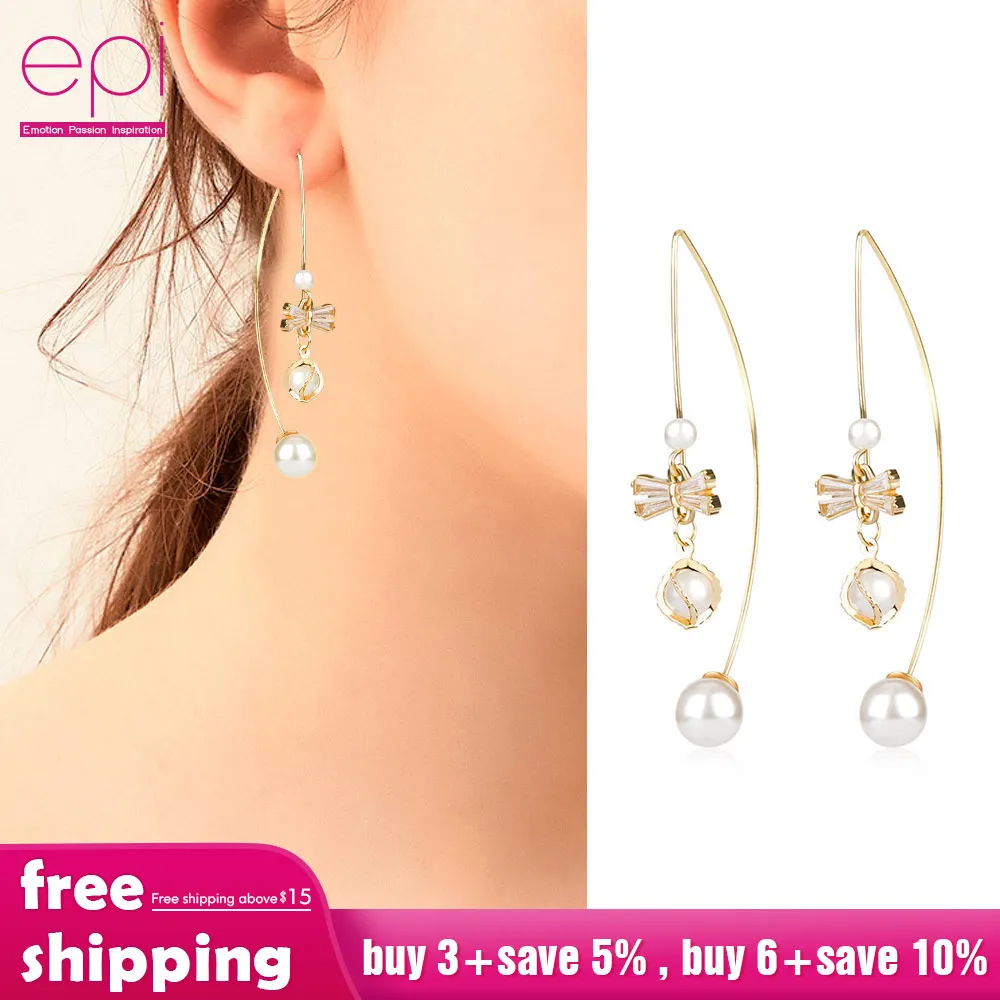 

EPI Fashion jewelry Gold White Simulated Pearl Section Tassel Drop Earrings Stainless Steel Long Line Dangle Earrings Brincos