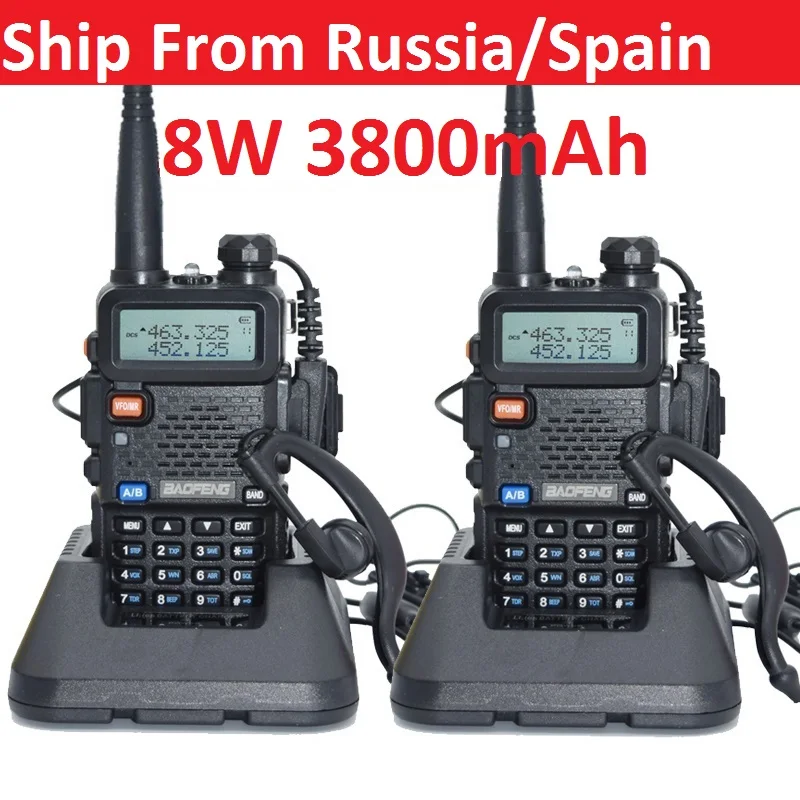 2pcs high quality Walkie Talkie Baofeng uv 5r real 8W 1800mah/3800mAh CB radio ham radio communicador Baofeng UV-5R for hunting