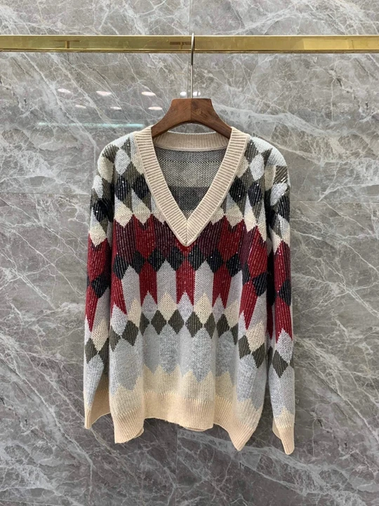 autumn and winter new women loose V-neck sweater Heavy sequin sweater 1207