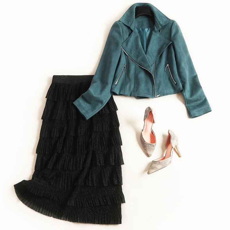 

Fashion Suit Cake Skirt and Suede Coat Two Piece Set High Quality 2 Pieces Set Women