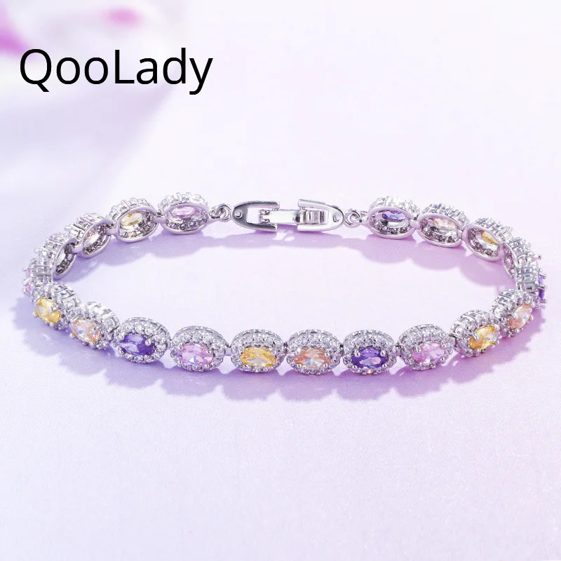 QooLady, модные, овальной огранки, цветные, микро проложенный кубический цирконий камень, трендовая Женская теннисная цепь, браслеты-манжеты с фианитами, ювелирное изделие S013