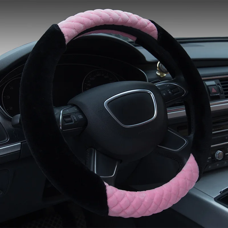 15 Inch Steering Wheel Cover Winter Short Plush Women Men Warm Auto Accessories Contrast Color Girl Car Decoration Warm Winter