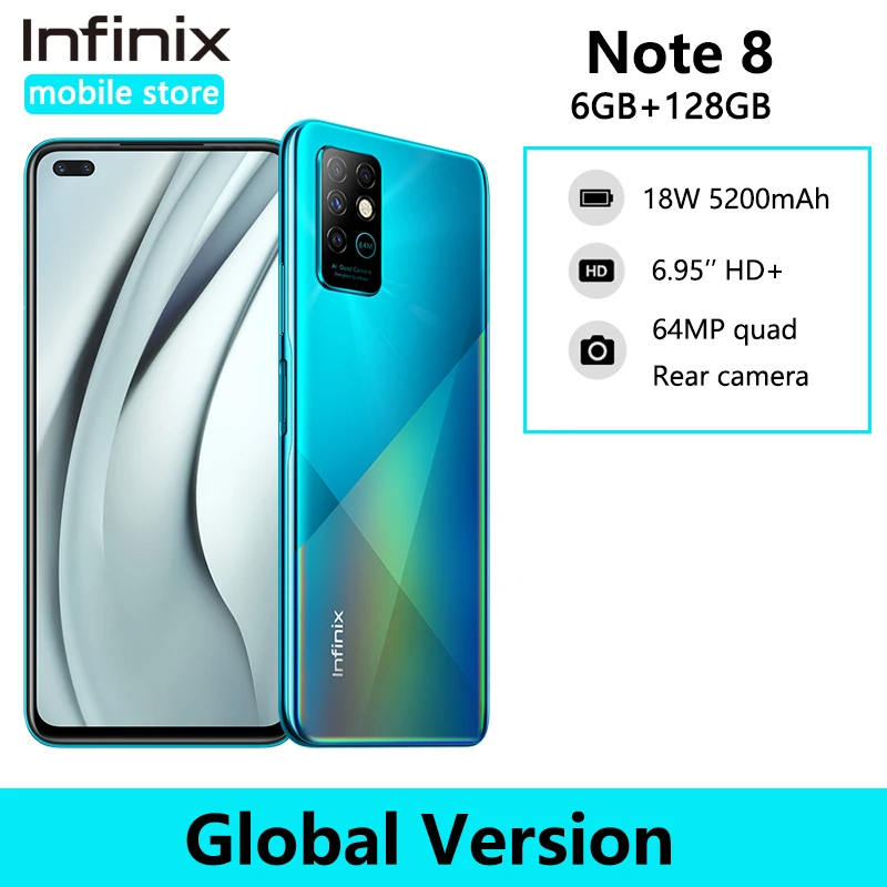 Infinix-teléfono inteligente note 8, 6GB y 128GB, Helio G80, ocho núcleos, Pantalla Completa HD de 6,95 pulgadas, cámara cuádruple de 64MP, batería de 5200mAh