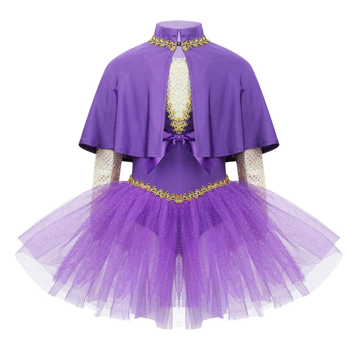 Детское блестящее Сетчатое балетное платье-пачка с блестками и бантом, балетное платье для девочек, гимнастический трико с накидкой и рукавами, костюм для танцев выступлений - Цвет: Purple