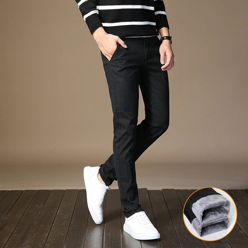 Mens Winter Slim Straight Velvet Pant Men New Fashion Men Casual Thick Fleece Pants Male Business Trousers Plaid Warm Pants,638