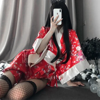 

Women Sexy Silk Robes Lovely Japanese Uniform Robe Floral Bathrobe Short Kimono Robe Night Bathrobe Fashion Dressing Gown