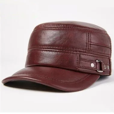 Snapback Кепка SILOQIN шляпа из натуральной кожи мужские армейские военные шапки регулируемый размер Новые мужские кожаные плоские шапки среднего возраста s - Цвет: wine red