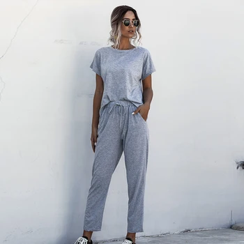 

Short Sleeve Jumpsuit Women Summer Casual Sports Jumpsuit Long Romper Spring Cotton Tracksuit Bodysuit Cross Round Neck Overall