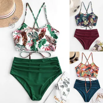 

2020 Women's Bohemian Flower Swimsuit Summer Polyester Bikini Set High Waist Wire Free Swimwear Print Green Swimsuit Biquini