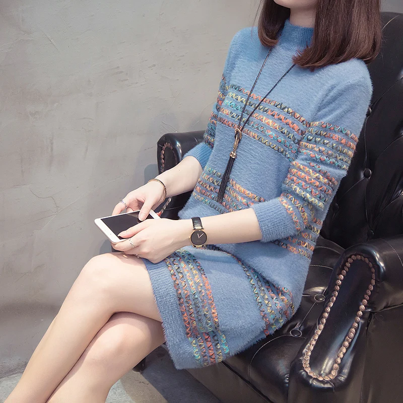 Sweater Women 2019 Autumn New Knit Pullover Lmitation Water Cashmere Half High Collar Fashion Dress Vestidos | Женская одежда