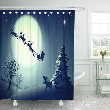 

Santa Claus in Sleigh and Reindeer Sled on Shower Curtain Waterproof Polyester 72 x 78 inches Set with Hooks