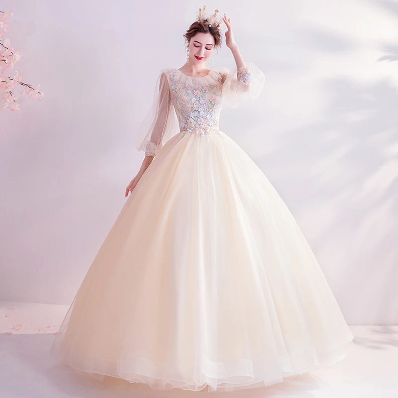 Светильник цвета шампанского 3D Цветы бальное платье Бальные платья Vestidos 15 anos Длинные рукава Иллюзия корсет сладкий 16 платья