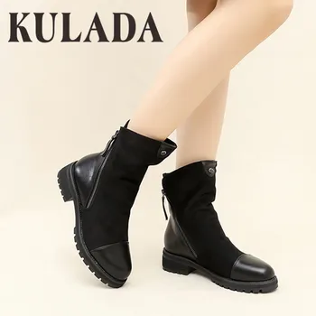 

KULADA Boots Women Fashion Suede Leather Boots For Women Faux Suede Flat Mid-Calf Boots Spring Autumn Women Boots Black Shoes