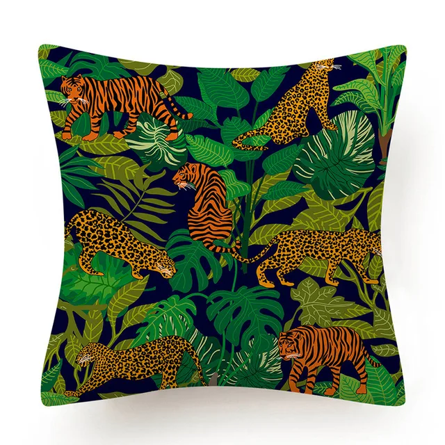 Tropical Jungle Cushion Cover 45x45 Polyester Tiger Leopard Printed Pillowcase Decorative Sofa Cushions Palm Leaf Pillowcover 015