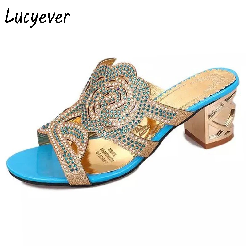 Lucyever 2019 женские шлепанцы с цветами Стразы украшением в виде кристаллов Босоножки