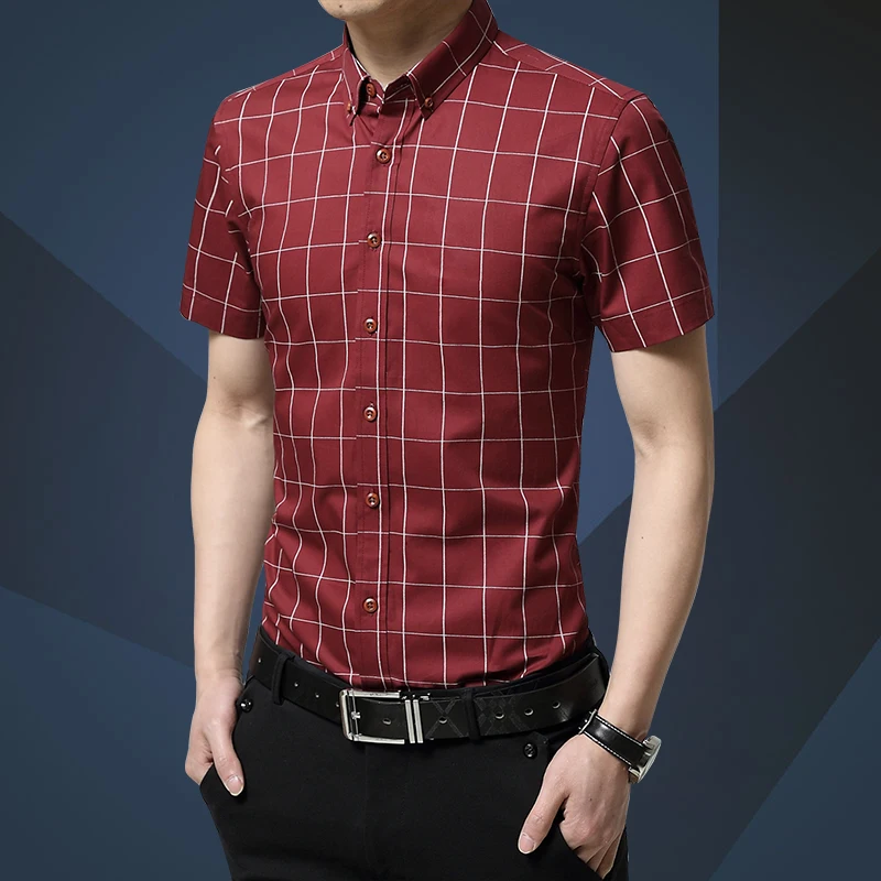 Мужская клетчатая рубашка Повседневная Деловая тонкая Baju мужская белая синяя рубашка с коротким рукавом рабочая одежда для образа жизни большие размеры M-5XL - Цвет: 2-Red wine