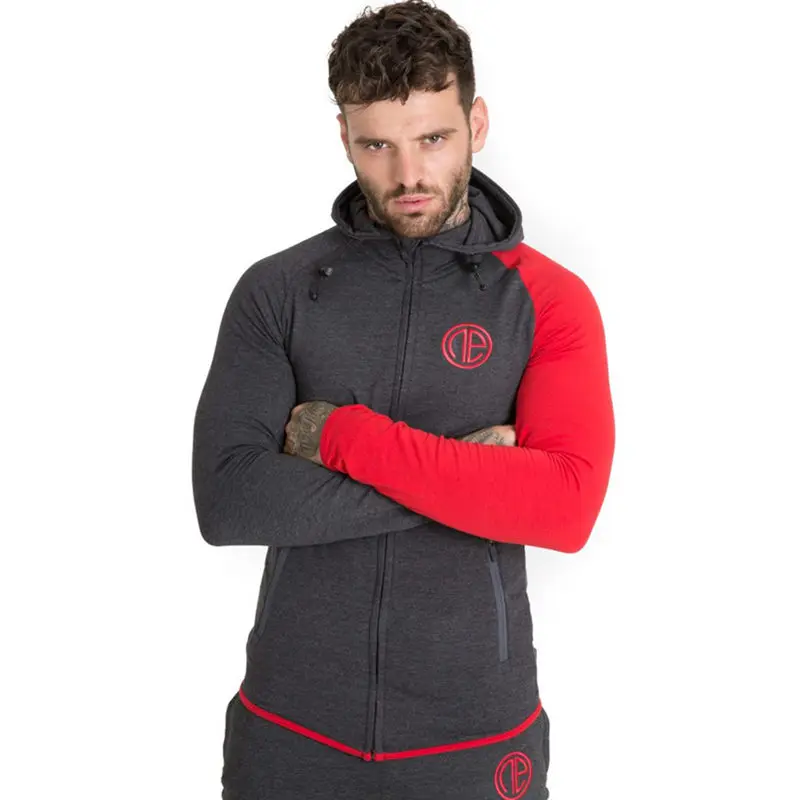 Mens Running Sportswear Sets Sweatshirt Sweatpants Gym Fitness Bodybuilding Hoodies Tops Pants Male Jogging Workout Tracksuits - Color: Gray red (Hoodie)