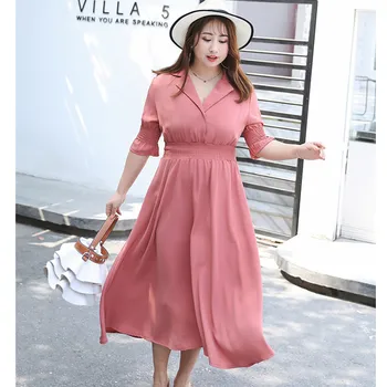 

2020 Women Dresses Spring and Summer Korean Elegance V-Neck Half-Sleeve Solid XL-4XL Plus Size Sexy Party Dress