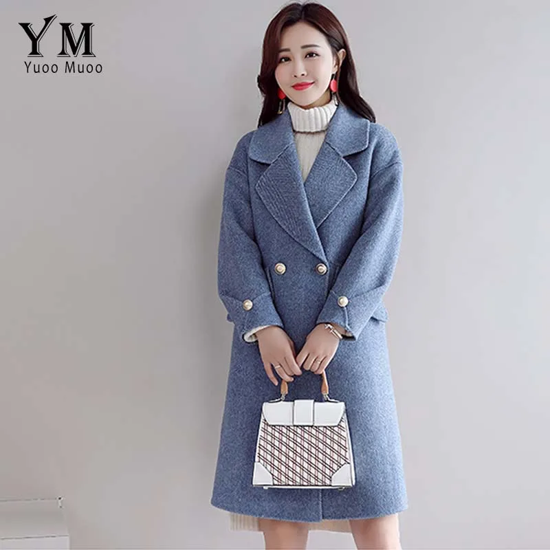 YuooMuoo Good Quality Comfy Europe Style Autumn Winter Women Coat Fashion Buttons Jacket Female Long Sleeve Wool Blend Jacket - Цвет: Синий