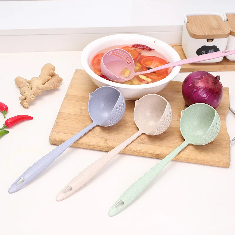 

2 in 1 Long Handle Soup Spoon Colander Home Strainer Wheat Straw Scoop Ladle Tableware Cooking Tools Kitchen Gadgets Accessories