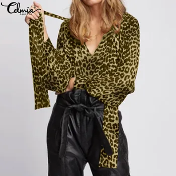 

Celmia Plus Size Leopard Print Shirts Women 2020 Fashion Bow Tie Tunic Tops Casual Lantern Sleeve Blouses Ladies Elegant Blusas