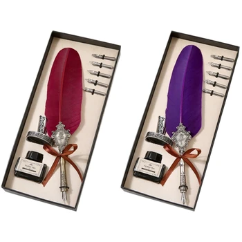 

2pcs Retro Vintage Calligraphy Feather Pens Cute Feather Ballpoint Pens Kawaii Plush Ball Pens - Red & Purple