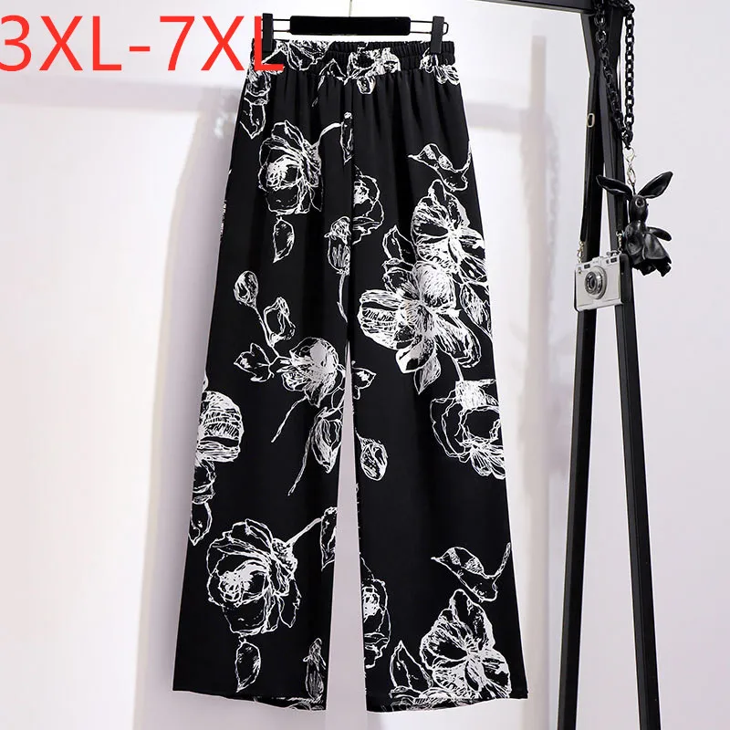 New 2021 Summer Plus Size Flare Pants For Women Large Loose Casual Wide Leg Floral Print Black Long Trousers 3XL 4XL 5XL 6XL 7XL |