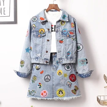 

S-5XL plus size High quality Embroidery Two Piece Set Denim Jacket Coat + Mini Tassel Skirt Outfits Fashion Women Suit