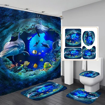 

new Ocean Dolphin Deep Sea Polyester Shower Curtain Bathroom Waterproof Pedestal Rug Lid Toilet Cover Bath Mat Set
