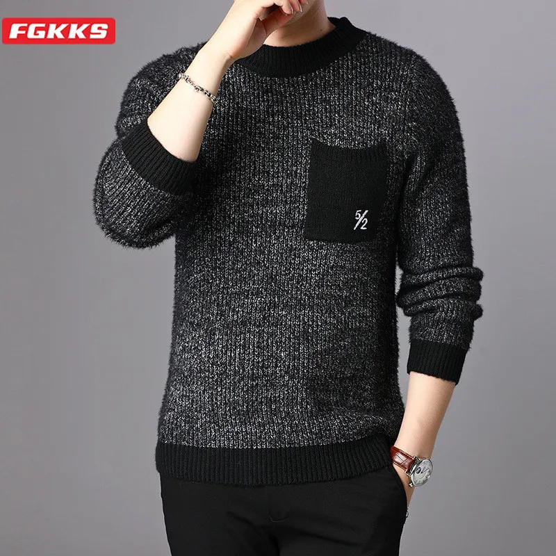 

FGKKS Brand Men Sweaters Autumn New Men's Solid Long Sleeve Knitting Pullovers Warm Small Pocket Sweater Male Clothing
