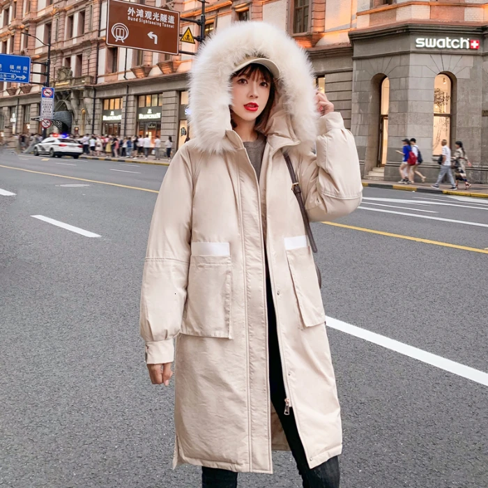 And Autumn Winter New Down Dress Female Fashion Crane Loose And Big Hair Neck Long Bf Wind Cotton Jacket