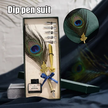 

Retro Calligraphy Feather Dip with 5 Extra Nib Quill Pen Writing Ink Set Gift Box Fountain Pen Design UY8