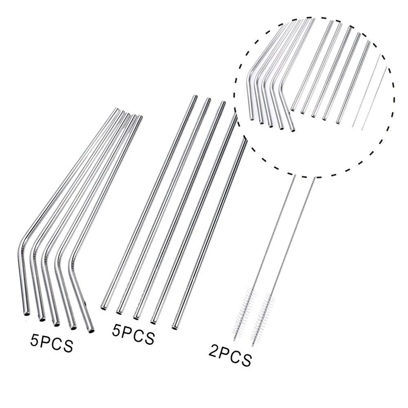 Stainless Steel Straws 12 PCS Set, Stainless Steel Straws, 5 Straight And 5 Shrinked With 2 Cleaning Brushes, 21.5cmsilver