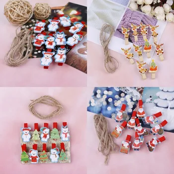 

10Pcs/set Red Christmas Santa Claus Wood Clips Mini Wooden Clothes Photo Paper Peg Pin Clothespin Craft Clips With Rope