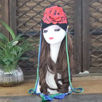 

National Style Knitted Caps Flowers Embroidery Handmade Braided Tassels Ladies Autumn Winter Warm Colorful Ear Protection Caps