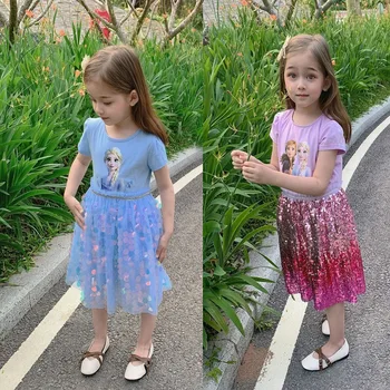 

Girls Kids New Anna Elsa Sequin Beaded Short Sleeve Easter Princess Birthday Dress Party Baby 2-8 Halloween Beautiful Clothes