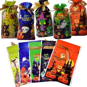 

50 Pcs Large Halloween Drawstring Goody Bags Trick Or Treat Candy Bags Pumpkin Witch Pattern Snacks Gift Plastic Holder Bags