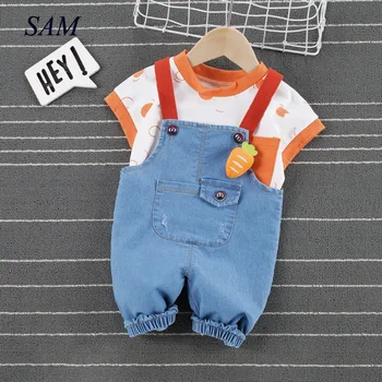 

2020 summer baby girl and boy clothing sets short sleeve shirt + denim straps pants 2 pcs suit for children fashion kids clothes