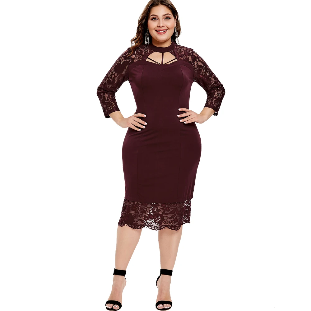 Kenancy размера плюс с вышитыми кружевами Для женщин Bodycon платье с вырезами 3/4 рукава женский Платья для вечеринок Однотонная одежда облегающие Vestidos