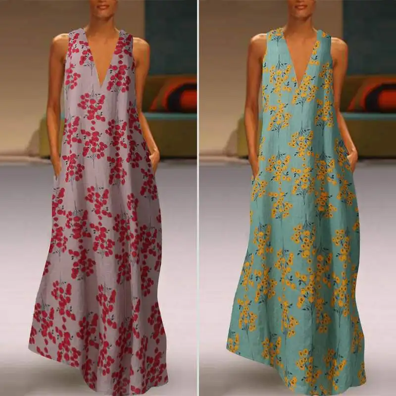 

Womens Printed Maxi Dress ZANZEA Vintage Summer Sundress Casual Beach Sarafans Vestidos Female V Neck Robe Femme Plus Size