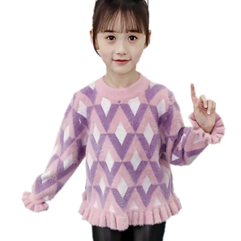 

Autumn Baby Girls Sweaters Ruffles Geometry Pattern Children Knit Sweater Thick Pullover Clothes 4-13Yrs Girls Winter Outerwear
