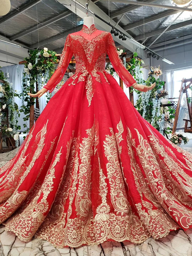 HTL787 свадебное платье мусульманское с рукавом с высоким вырезом узор бисерная шнуровка сзади красное платье свадебное платье с вуалью для невесты