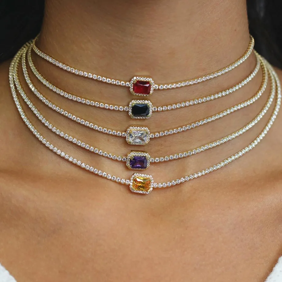 

925 silver fashion clavicle chain row delicate wild square zircon sapphires green white red yellow cz stone paved necklace