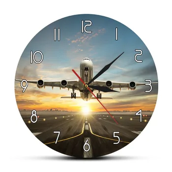 

Commercial Jetliner Plane Acrylic Printed Wall Clock Airplane Taking of Runway With Sunset Light View Modern Home Decoration