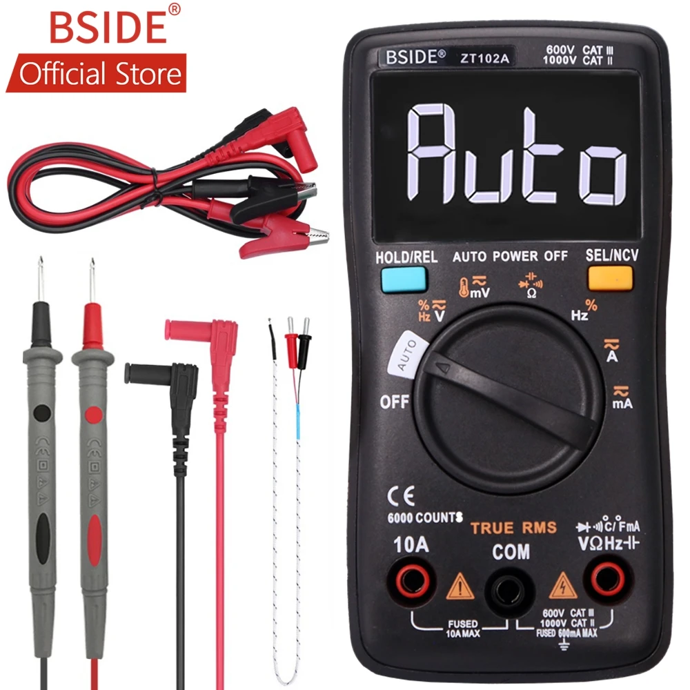 Online Multímetro Digital BSIDE ZT102A EBTN LCD trms CA CC voltaje corriente temperatura Ohm frecuencia diodo resistencia capacitancia probador